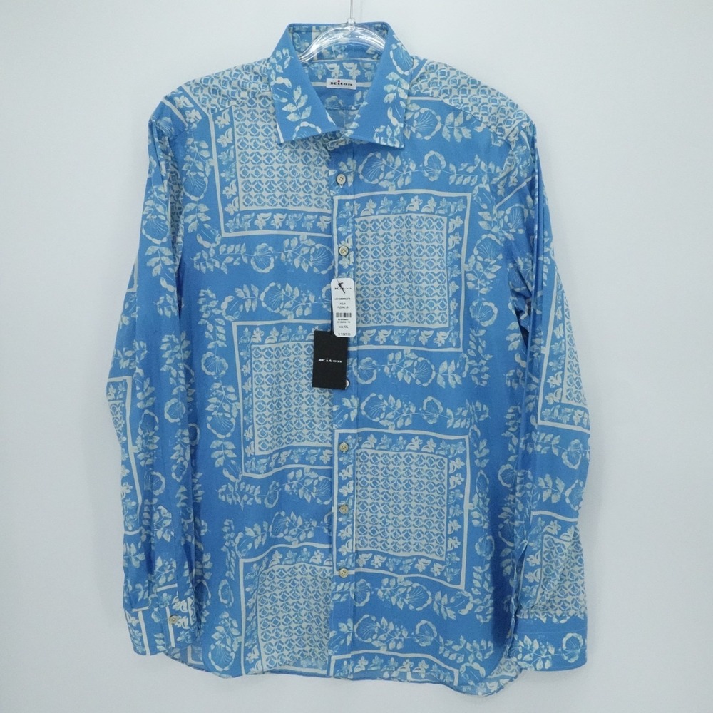 Kiton Shirt Mens XXL Blue Floral Button‎ Long Sleeve Resort Vacation Casual New